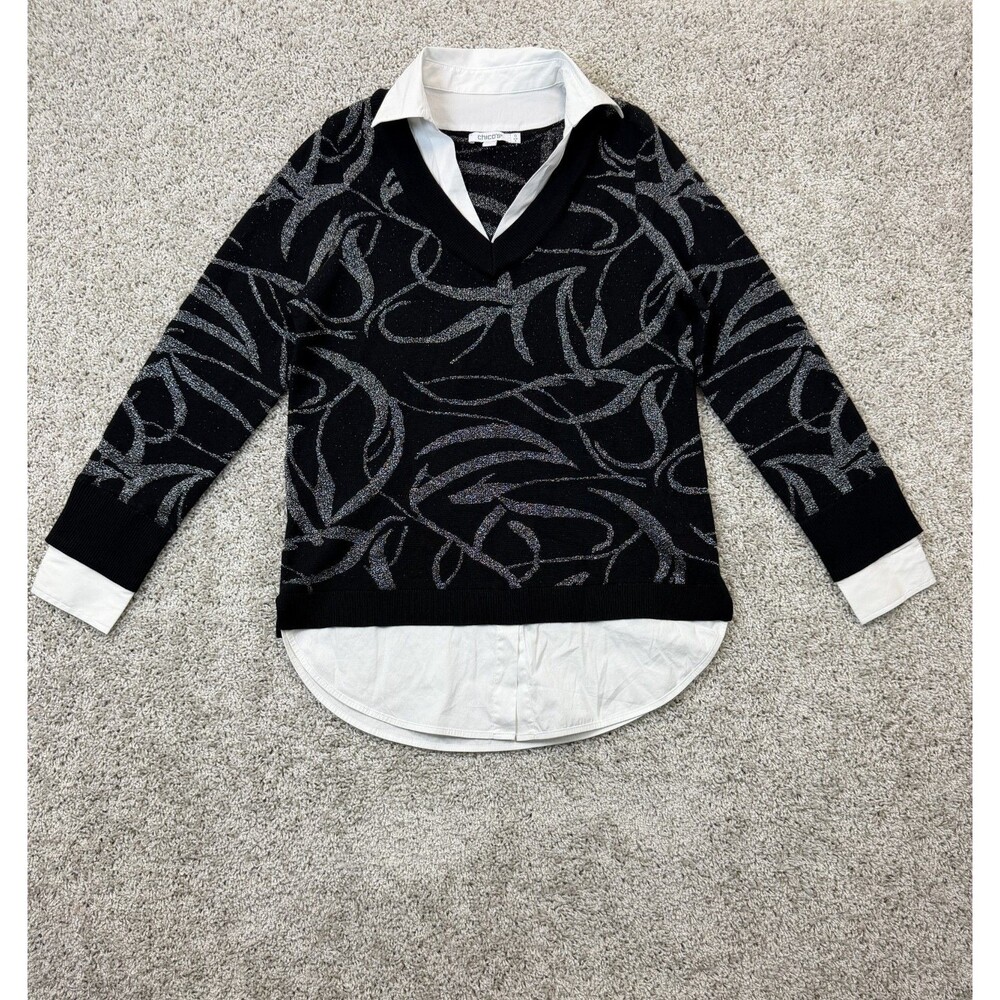 Chico's Womens Size 0 S Black Silver Metallic Layered V Neck Sweater Blouse
